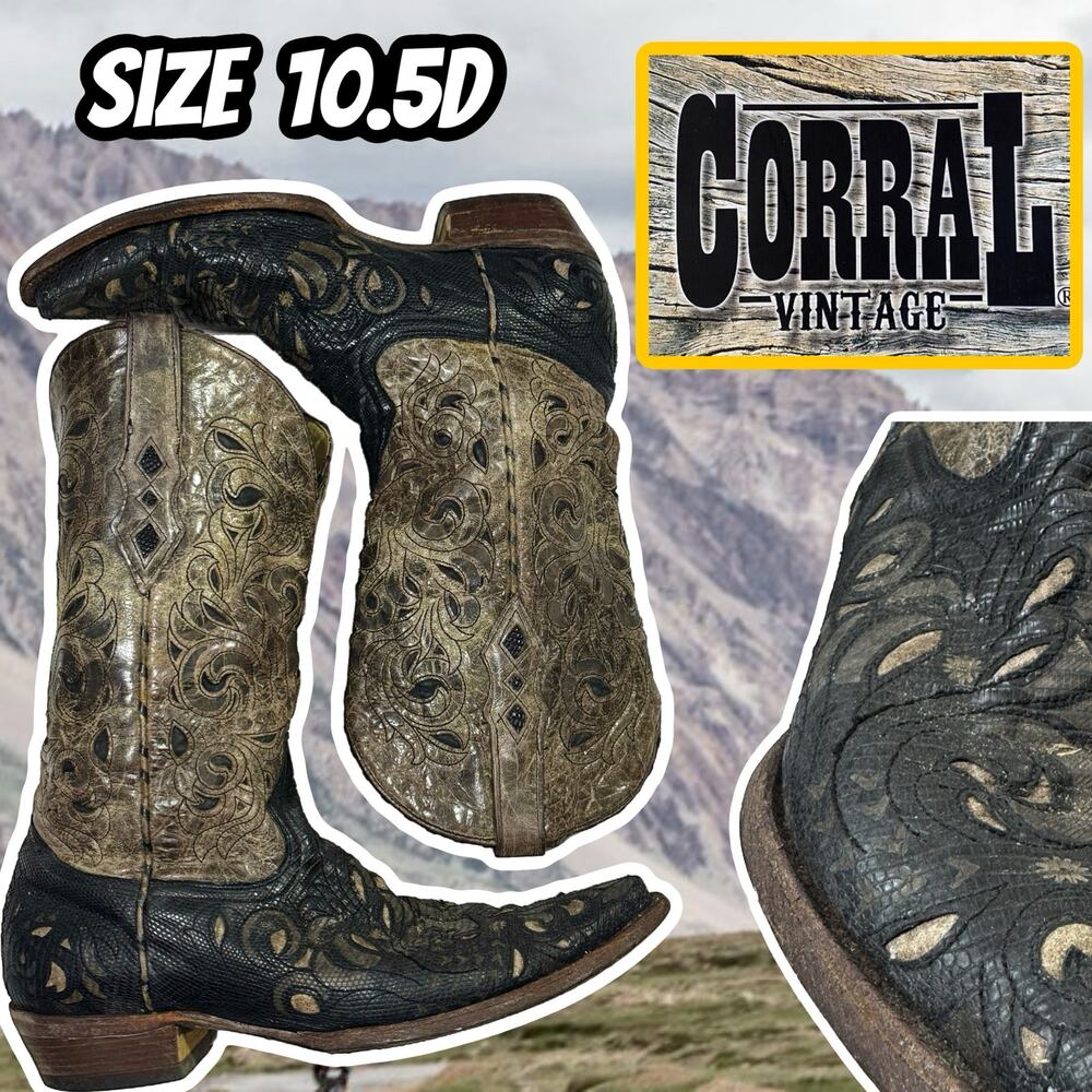 Vintage CORRAL Mens 10.5 Black Brown Leather Cowboy Boots Classic Western